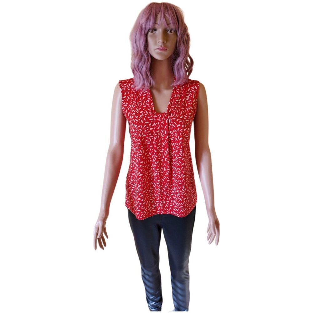 Dana Buchman Red Leaf Print Sleeveless V-Neck Blouse – Size XS - Picture 3 of 14